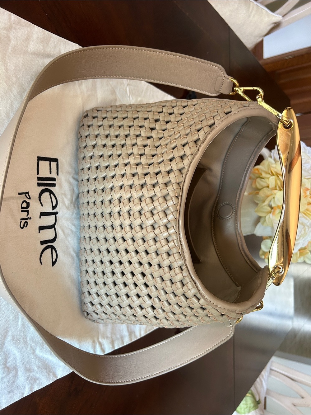 Ellleme Woven Boomerang Shoulder Bag in Taupe with Gold Accents